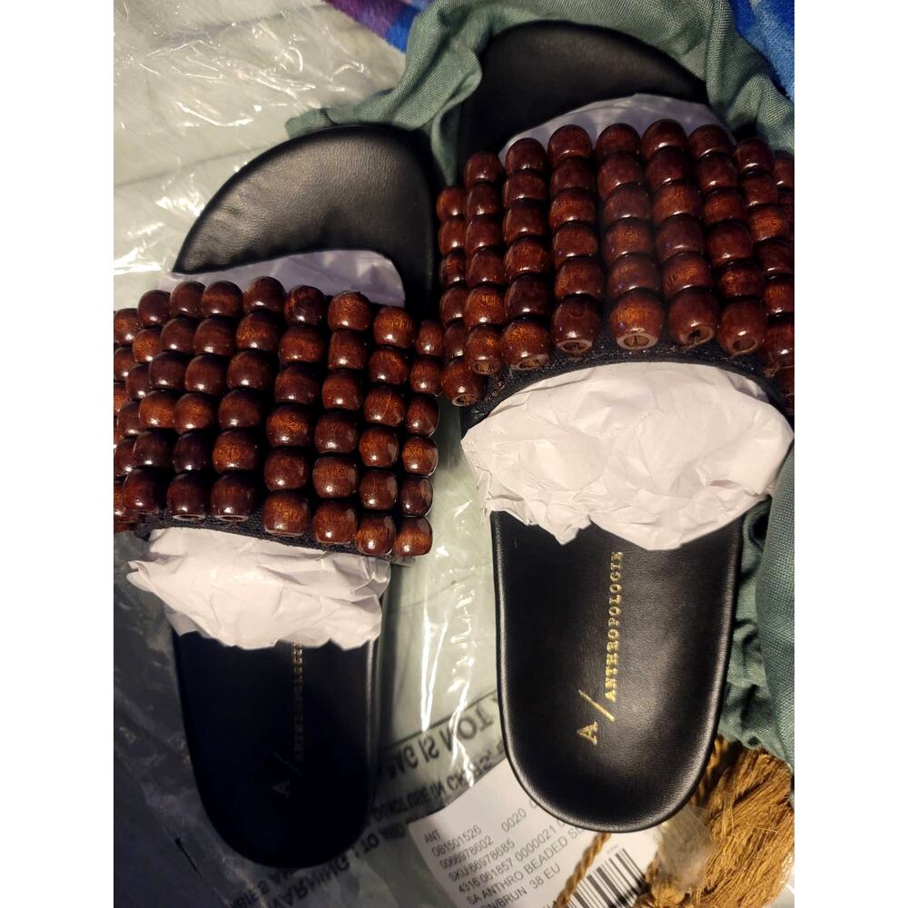 NWT Anthropologie Beaded Brown Slide Sandals - Size 8 - Picture 6 of 6